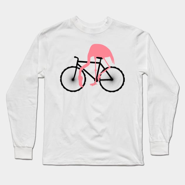 Funny Pink Flamingo Riding Bicycle Long Sleeve T-Shirt by TammyWinandArt